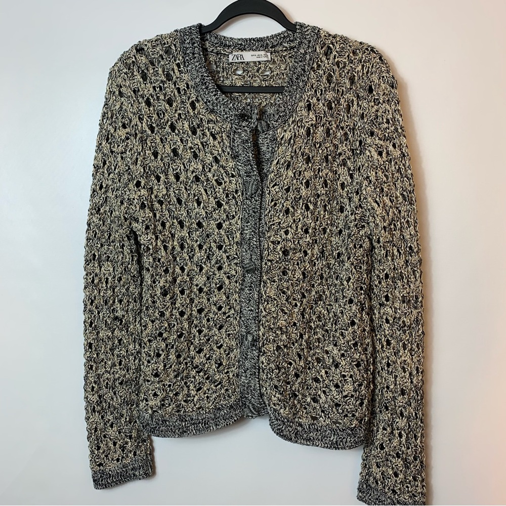 Zara Black, White, and Gold Women's Crochet Knit Buttoned Cardigan Sweater • XL